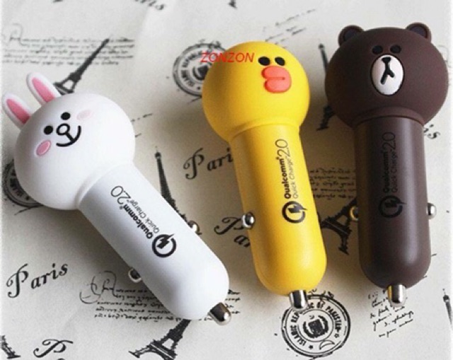 Đầu sạc điện thoại ô tô Line Friend, Gấu Brown , Vịt