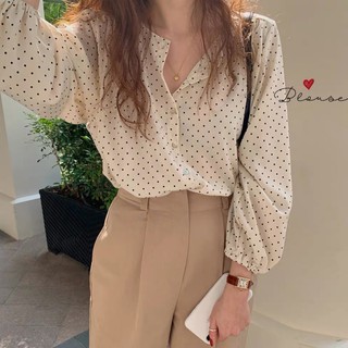 (ORDER-sẵn Đen) Áo sơ mi nữ dài tay chấm bi cổ V đơn giản nhẹ nhàng công sở Hàn Quốc trẻ trung thanh lịch - Có ảnh thật