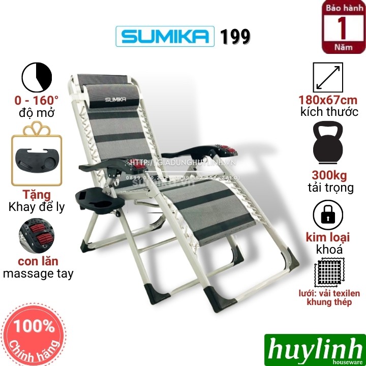 Ghế xếp gấp thư giãn Sumika 199 - Có con lăn tay massage - Tặng khay để ly - Khoá Kim Loại, tải trọng 200kg