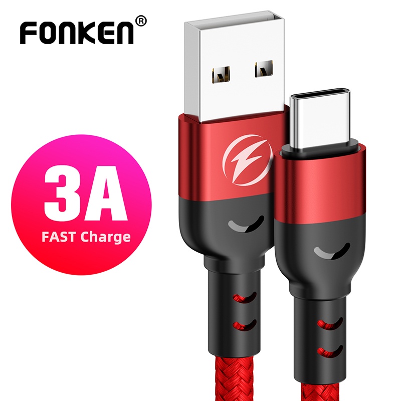 Dây cáp sạc nhanh FONKEN USB A sang Type C 3A 0.5/ 1/ 2m thích hợp cho Xiaomi Poco M3 X3 F2 Mi 11 9 Samsung Huawei Oppo