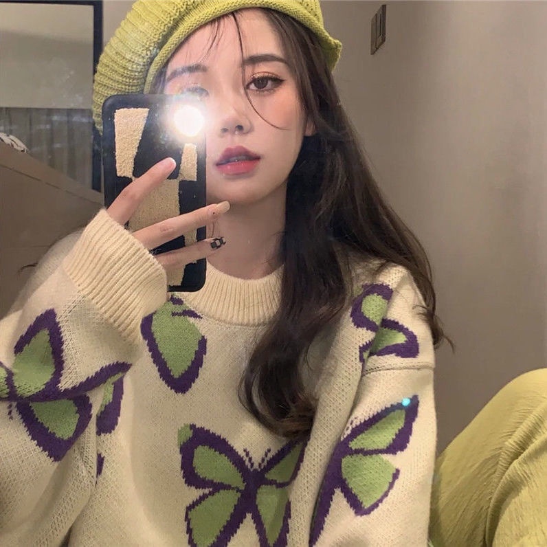 Áo sweater dệt kim họa tiết bướm dễ thương phong cách Nhật Bản thời trang thu đông