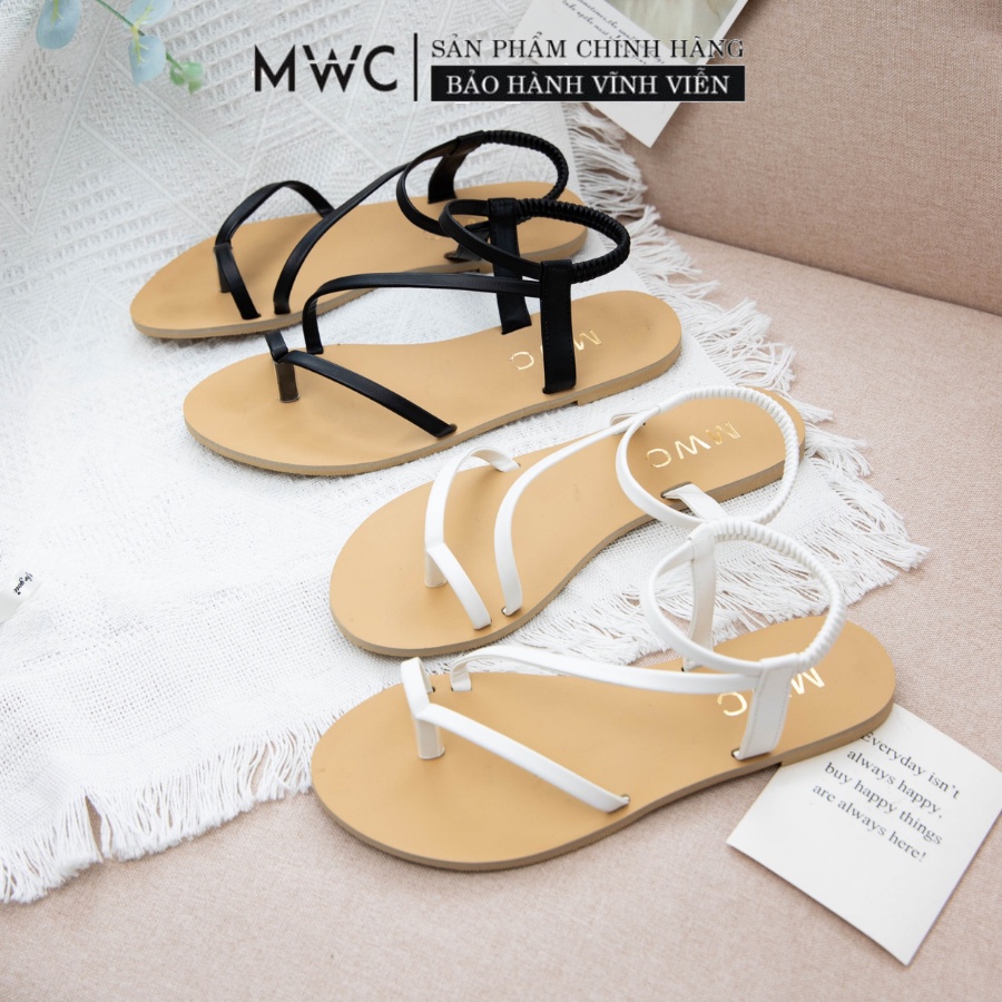 Giày Sandal MWC Đế Bệt Xỏ Ngón Chất Da Màu Đen Kem Cá Tính NASD-2895