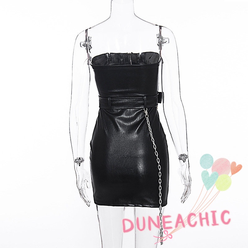 DUNEA Đầm Da Pu Dáng Ôm Hở Vai Phối Khóa Kéo Quyến Rũ Cho Nữ