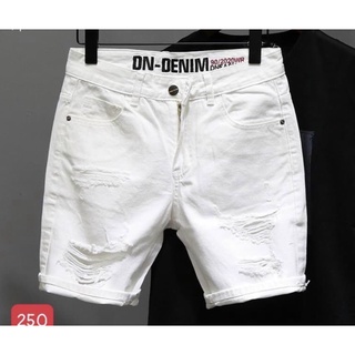 Quần short jean nam trắng rách nhẹ logo thêu icon đẹp quần bò quần ngố nam