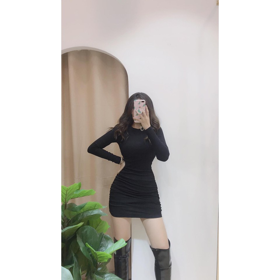 Váy body tay dài dây rút và nhún hông cổ tròn [ẢNH THẬT TẠI SHOP] | BigBuy360 - bigbuy360.vn