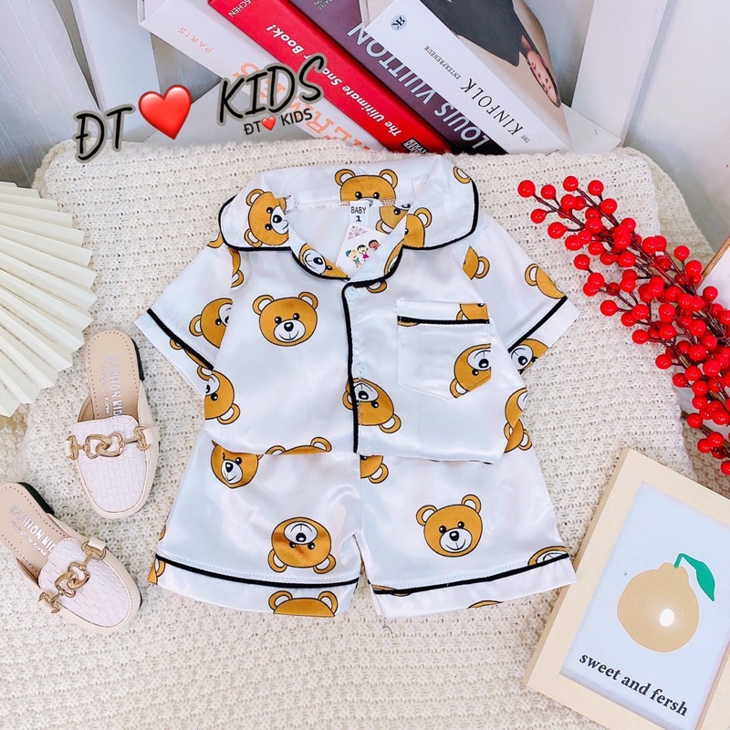 [SET CHO BÉ] Bộ pyjama gấu lụa satin siêu đẹp cho bé