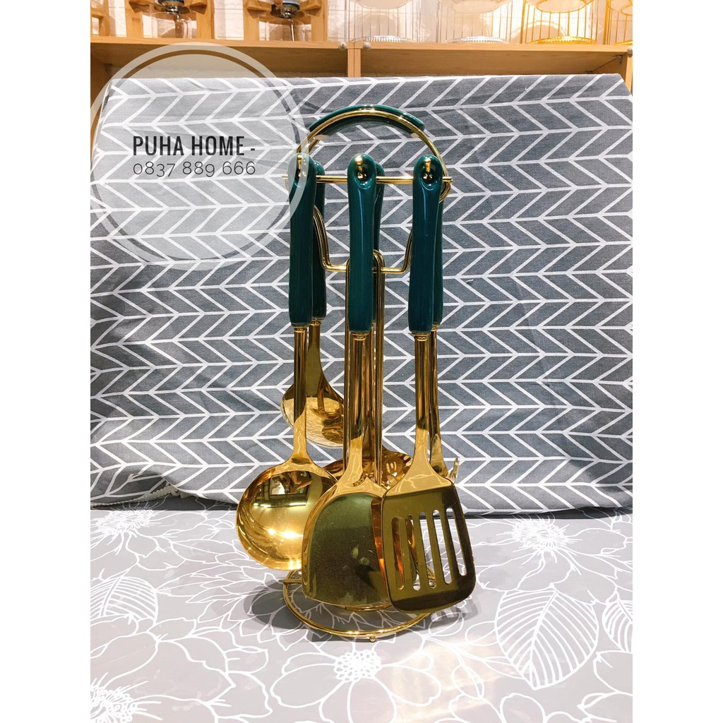 Bộ muôi 6 món kèm giá treo sang trọng - 3 màu trắng, hồng, xanh cổ vịt