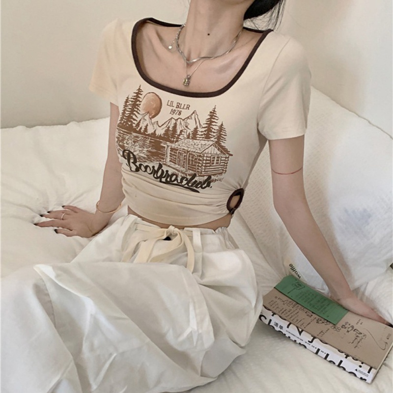 Áo Thun Tay Ngắn Cổ Vuông In Họa Tiết Phong Cách Hàn Quốc Thời Trang Mùa Hè Mới Cho Nữ