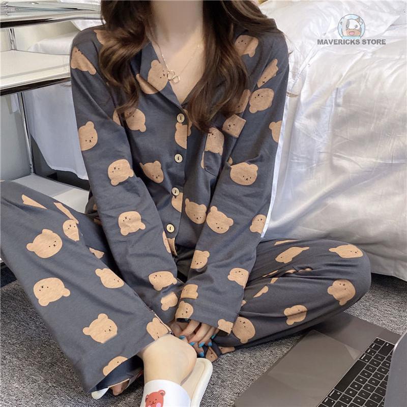 Bộ đồ ngủ tay dài in hình gấu dễ thương cho nữ