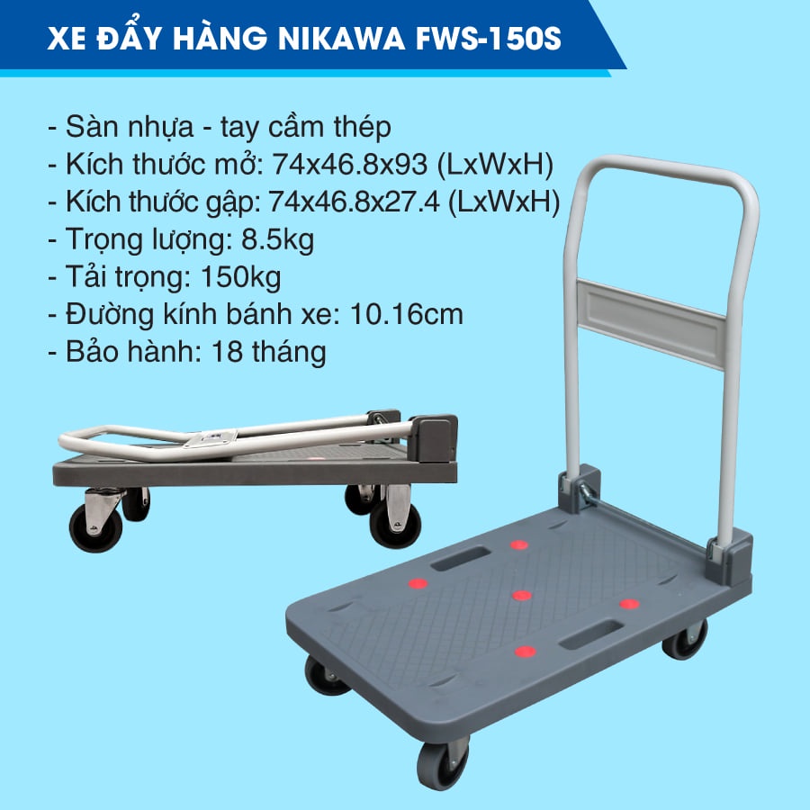 Xe đẩy hàng kéo hàng gấp gọn 4 bánh ÍT ỒN tải trọng 150kg Nikawa FWS-150S bảo hành chính hãng 12 tháng