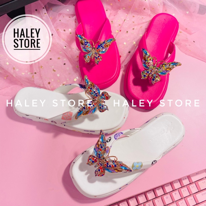 Dép nữ HALEY STORE đế bánh mì quai kẹp đính bư.ớm đá xoàn nhiều màu xinh rẻ bền đẹp tiểu thư sang trọng thời trang mới