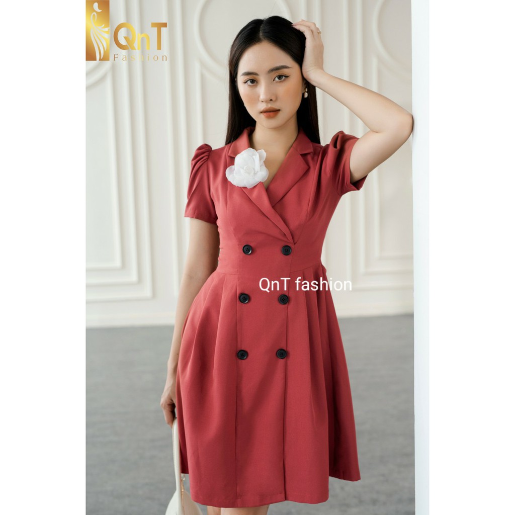 Đầm công sở đẹp-Đầm cổ ve vạt chéo cài hoa-Đầm thiết kế sang trọng mặc đi tiệc hay đi làm