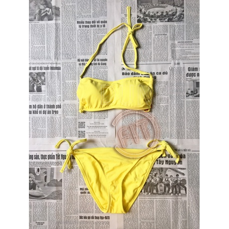 Bikini Đồ Bơi Đi Biển 2 Mảnh vàng chanh áo quây cúp ngực buộc dây hở lưng thun gân khoét hông cao cạp cao sexy quyến rũ