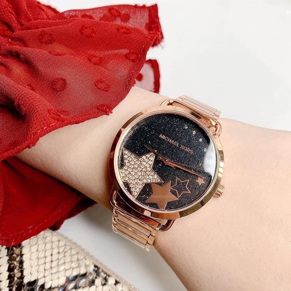 Đồng Hồ Michael Kors Nữ MK3795 Dây Kim Loại Màu Vàng Hồng Mặt Màu Đen Họa Tiết Size 36mm