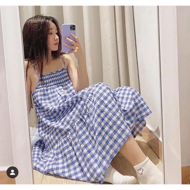 Váy Yếm Kẻ CaRo Xanh Dáng BaByDoll-HalinhShop-Váy 2 Dây Trễ Vai Size S M