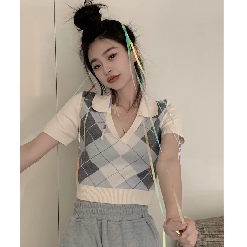 QKOOLE Áo  tay ngắn cổ chữ V thời trang quyến rũ phong cách Hàn Quốc