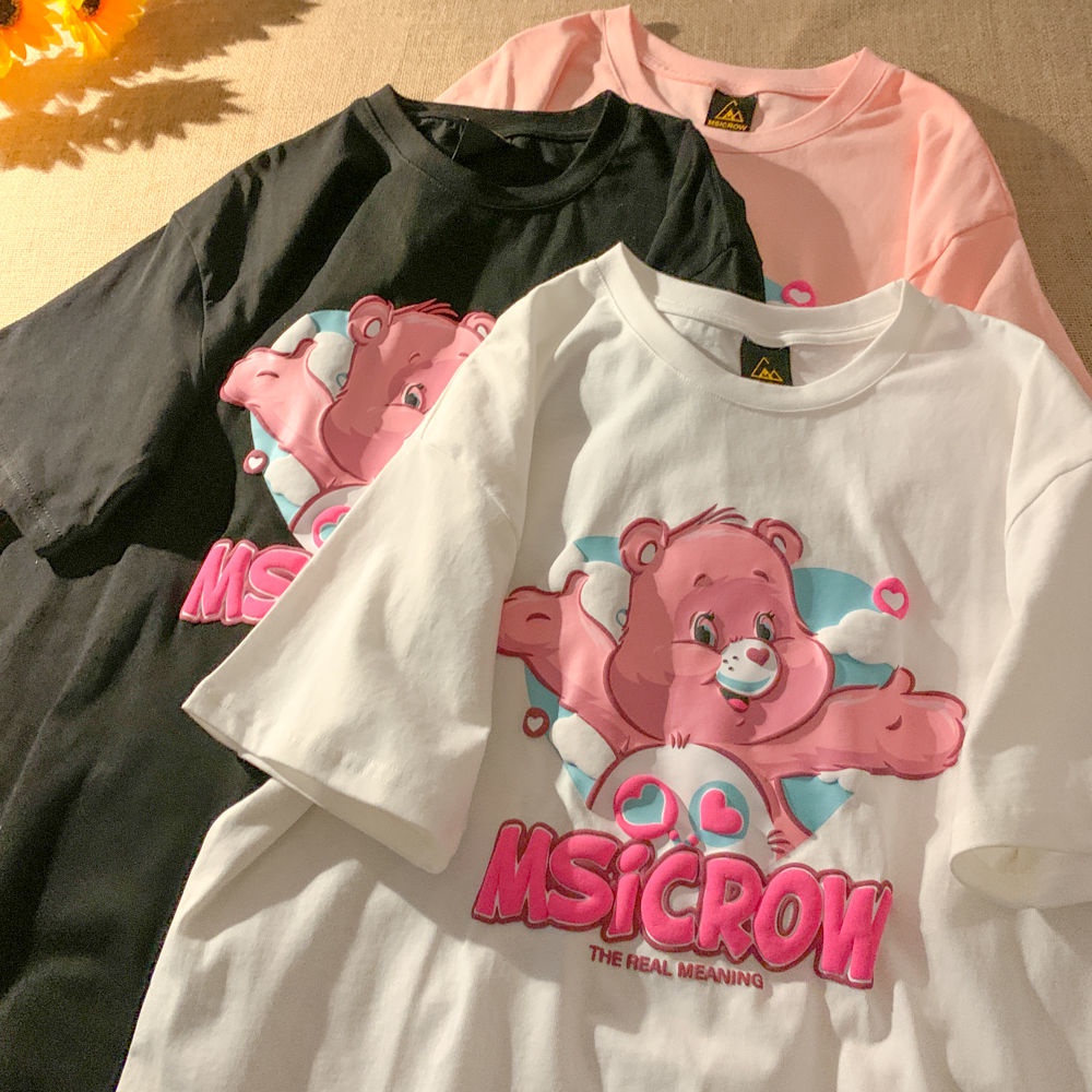 100% cotton Áo Thun Tay Ngắn In Họa Tiết Chú Gấu Happy Bear Thời Trang Mùa Hè Hàn Quốc Cho Nữ 2023