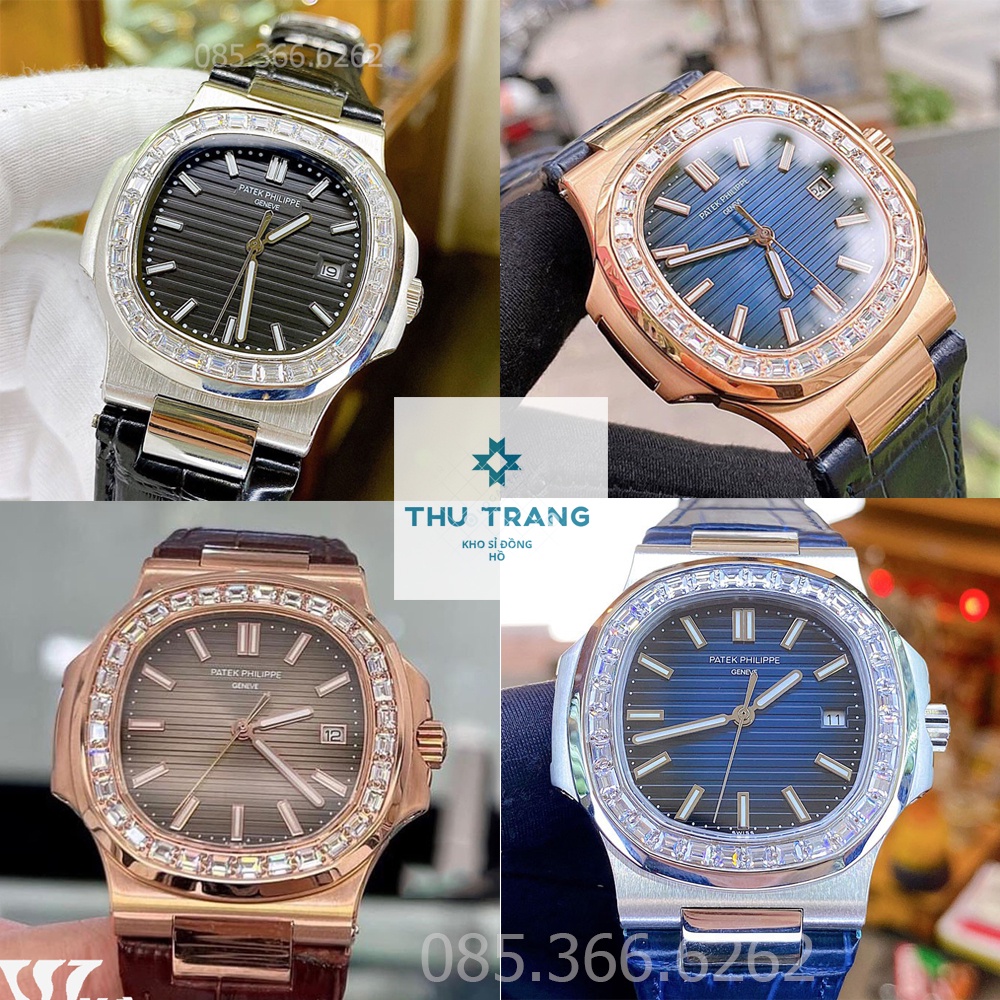 Đồng Hồ Nam PT Philip Cơ Automatic Nhật, Mặt Saphire 41-42mm mặt vuông viền đá 3 MÀU nổi bật, Chống Nước 5ATM
