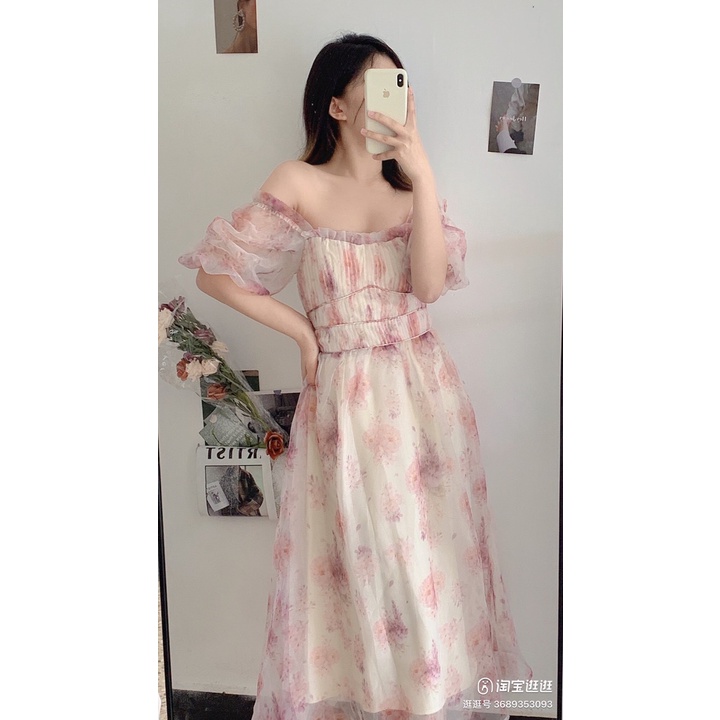 Váy maxi tơ hoa tay bồng tiểu thư, nhẹ nhàng nữ tính hàng Quảng Châu