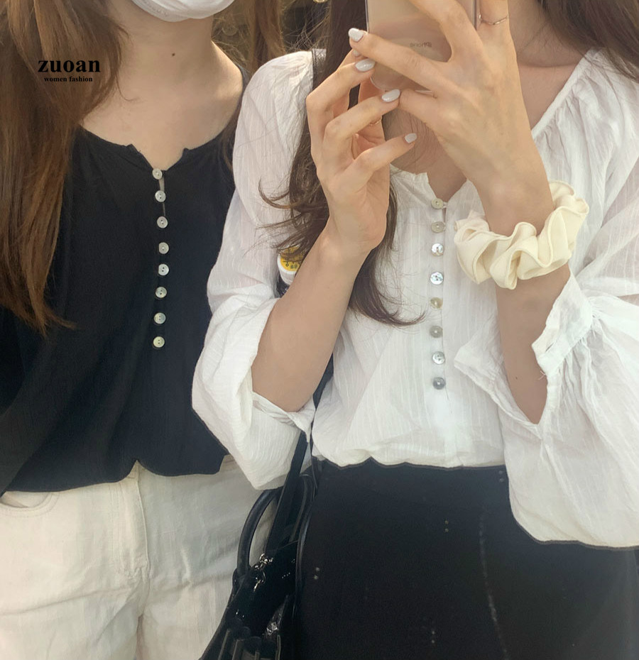 SUXI Áo sơ mi nữ tay dài kiểu dáng tay dài theo phong cách thời trang Hàn Quốc