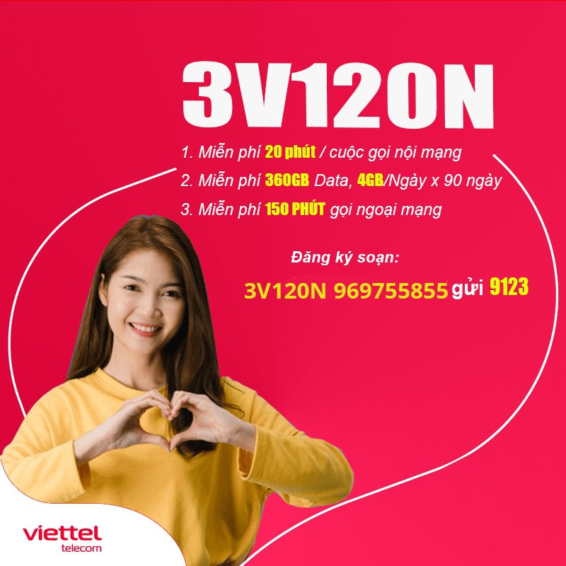 Sim Viettel 3,6,12 tháng gói V120N có 4GB/Ngày + miễn phí gọi