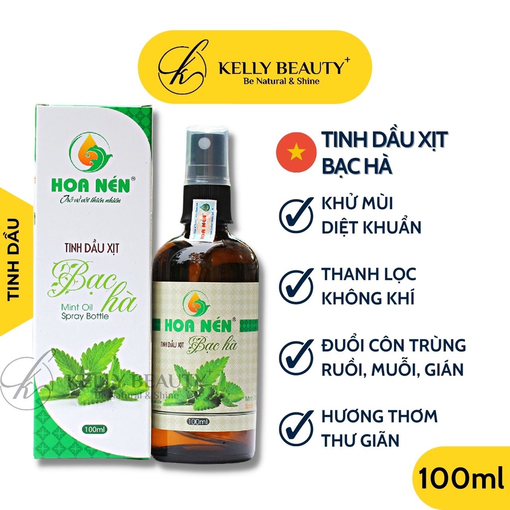 Tinh Dầu Xịt Bạc Hà HOA NÉN 100ml - Khử Mùi, Kháng Khuẩn; Thanh Lọc Không Khí, Đuổi Côn Trùng | Kelly Beauty