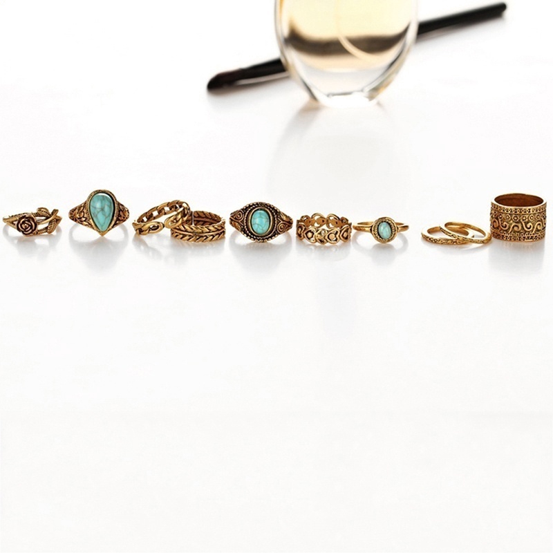 Creative 10PCS/Set Simple Vintage Metal Turquoise Geometric Ring Alloy Rings Sets Gifts