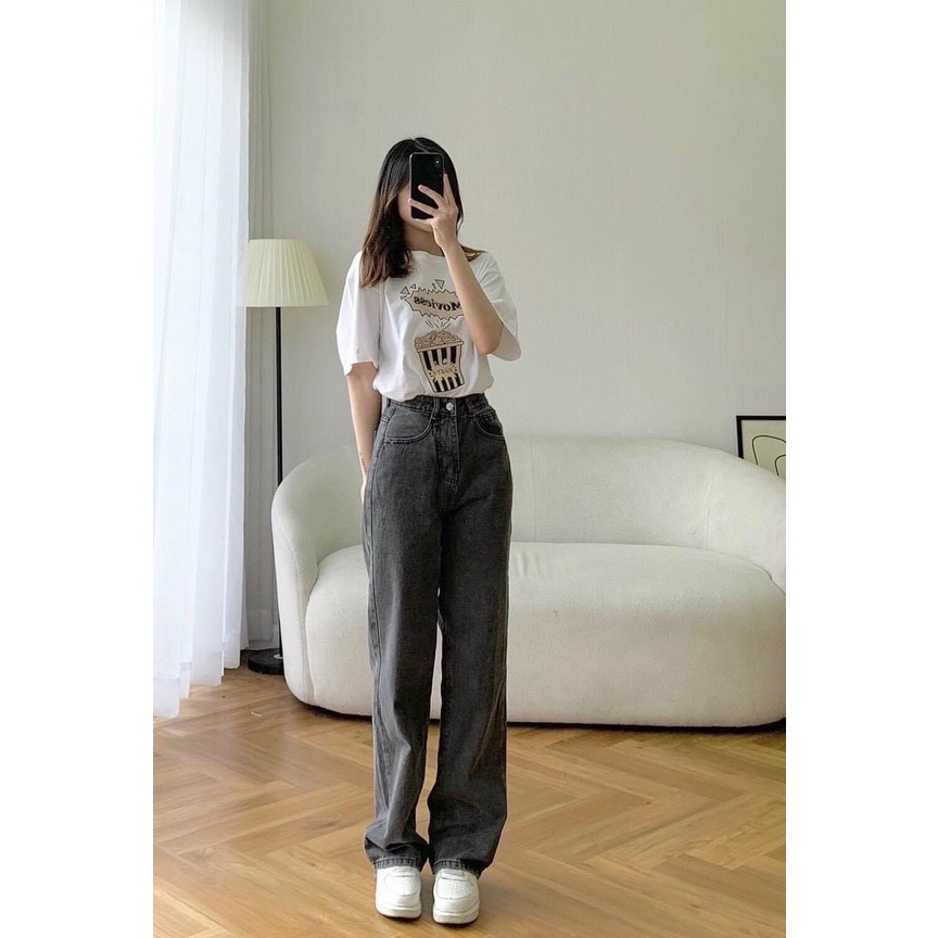 Quần jean ống rộng cạp cao CiCi, Quần bò dáng suông nữ trơn ulzzang cao cấp - CiCi Jeans