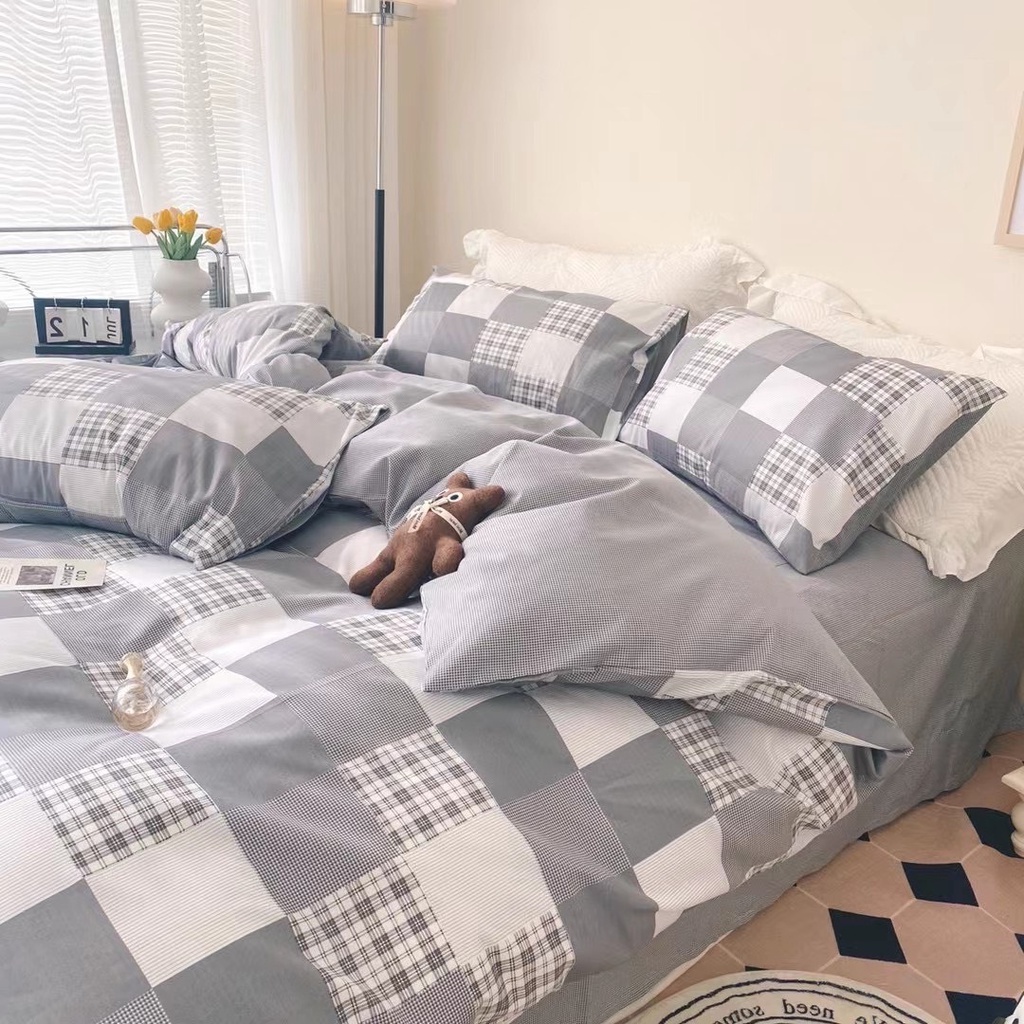 Bộ chăn ga gối cotton organic Kẻ caro ghi SHOP vũ thị thơm