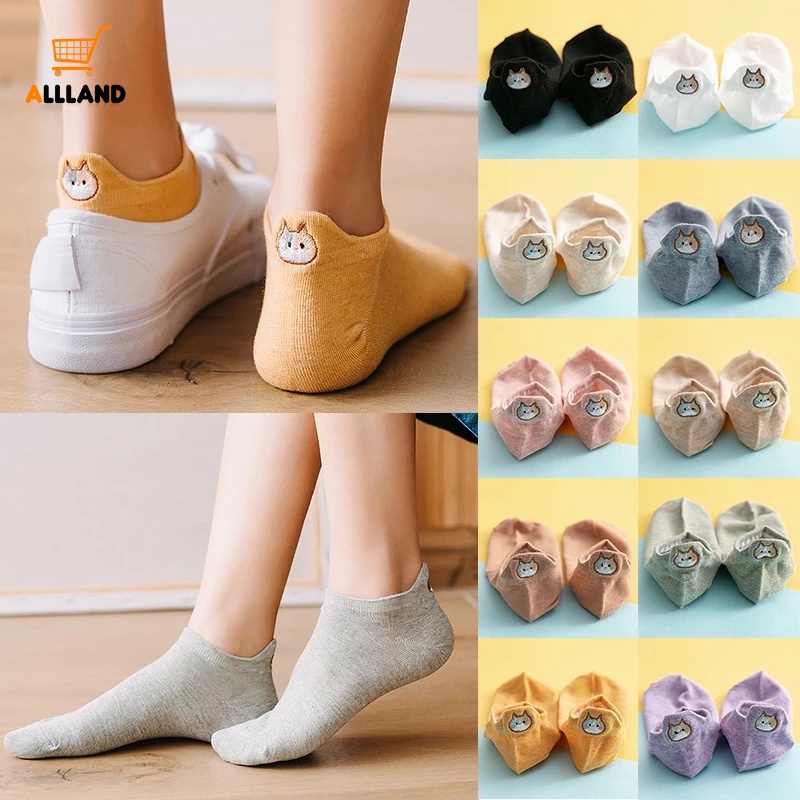 1 Đôi Vớ Cotton Cổ Thấp Thoáng Khí Thêu Họa Tiết Mèo Hoạt Hình Dễ Thương Thời Trang Xuân Hè Cho Nữ