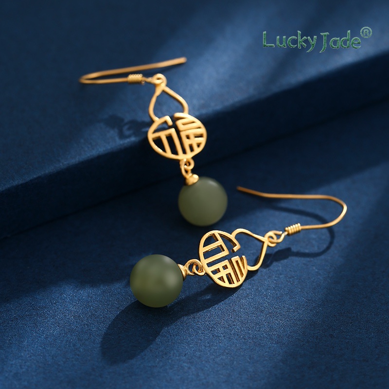 Bông Tai Mạ Vàng 18K Đính Đá Ngọc Bích Phong Cách Trung Hoa Thời Trang