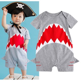ღ♛ღBaby Boy Cartoon Shark Romper Grey Bodysuit