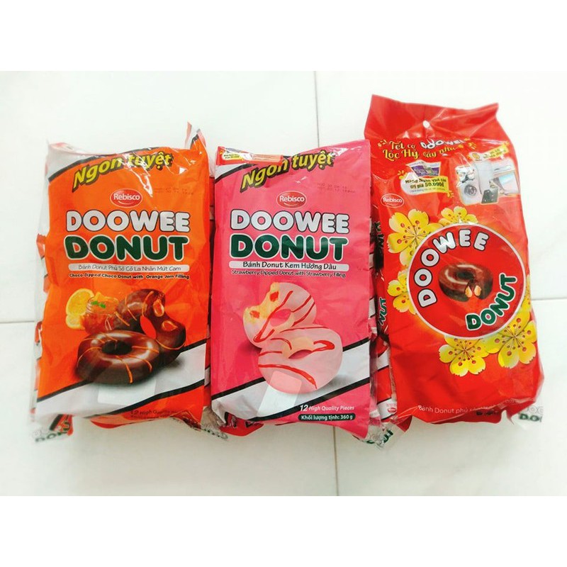 Bịch 12 bánh Donut Doowe 360gr vị dâu, socola, sữa, phô mai, hỗn hợp, socola cam