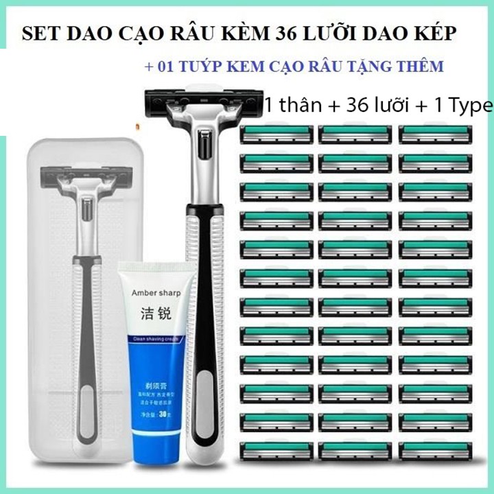 Combo Dao cạo râu + 12 36 lưỡi dao kép thay thế + kem cạo râu ( Nhiều phân loại hàng)