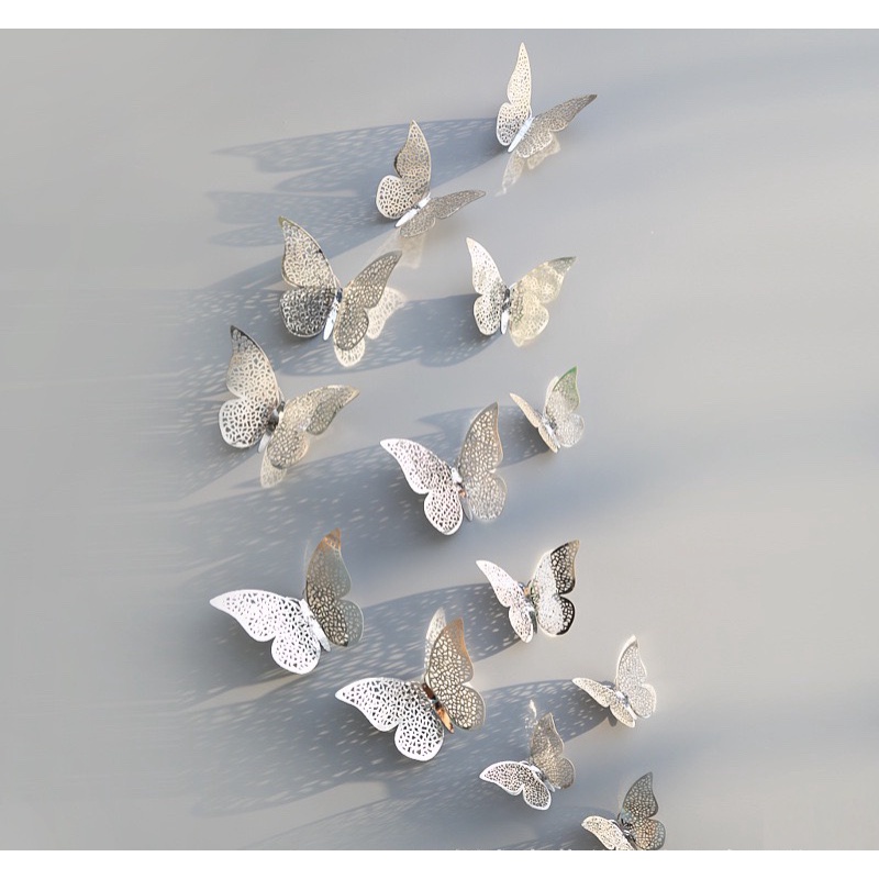 Set 12 mô hình bướm giả bằng kim loại dùng trang trí bánh kem,DÁN TƯỜNG