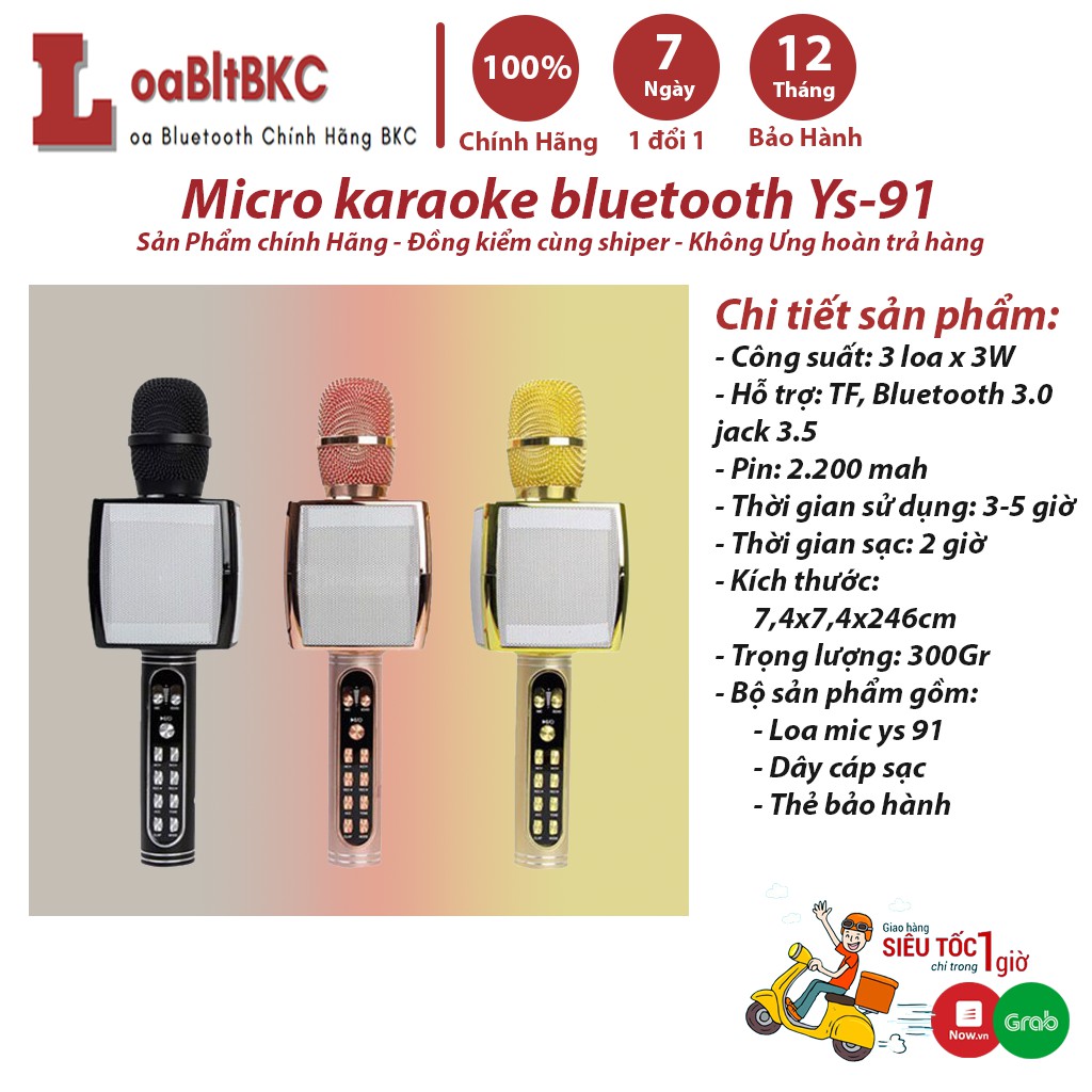 Micro karaoke bluetooth Ys-91, mic cầm tay âm thanh cực hay - BH 6 tháng