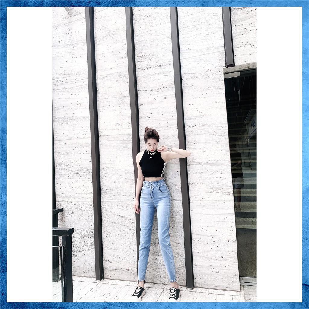 [Jeans nữ thiết kế] Quần bò trơn dáng baggy, quần jeans lưng cao túi chéo phối đai. Mã D5160