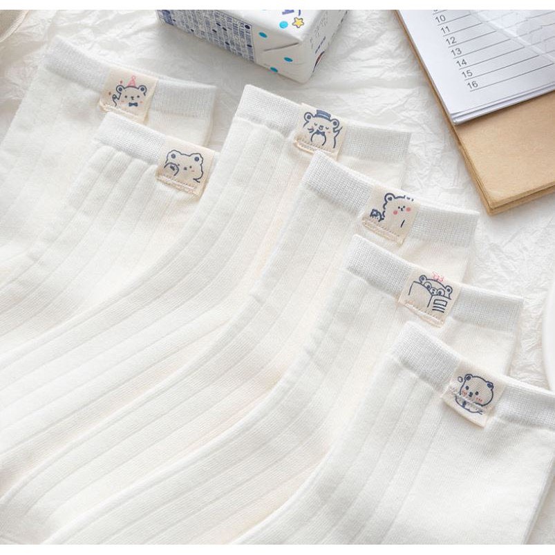 Tất nữ METAT, set 5 đôi vớ nữ cổ ngắn màu trắng trơn basic viền cổ hình gấu cute thời trang Hàn Quốc T71