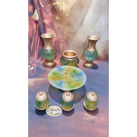 Bộ Thờ Cúng : Bình Hoa , Lư Hương ( Bát Nhang ) , Đĩa Trái Cây , Chung Nước Đại Bi , Lưu Ly Xanh Phối Đồng Cao Cấp