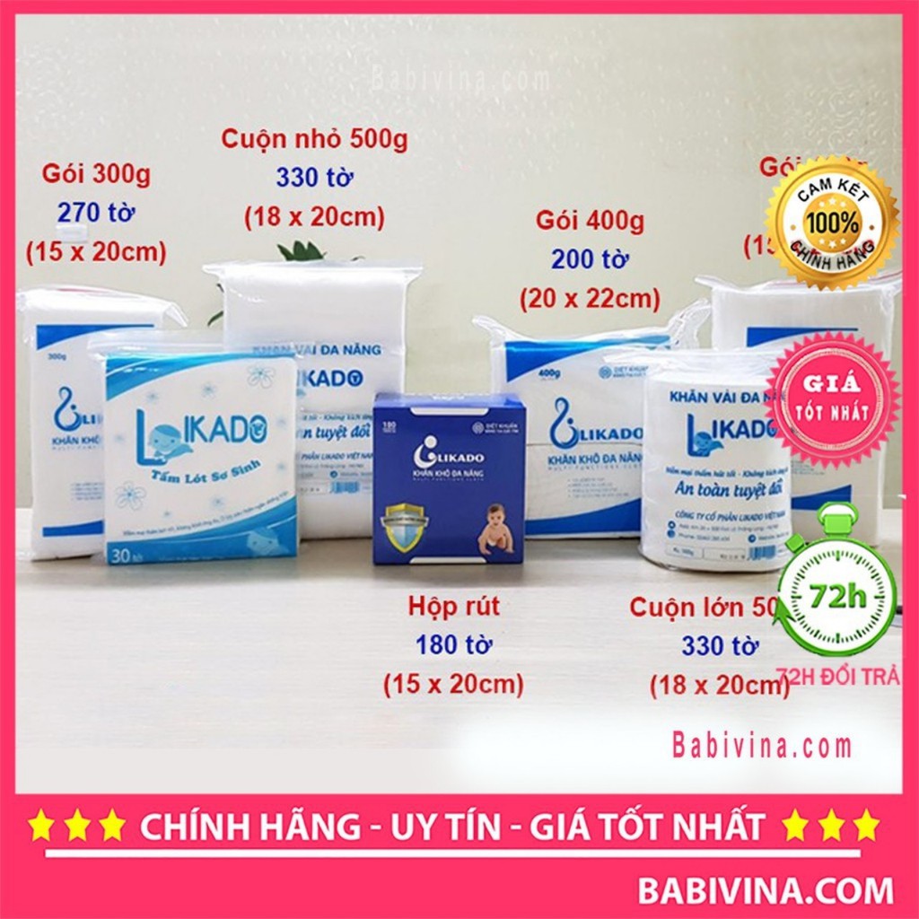 KHĂN KHÔ ĐA NĂNG LIKADO 300GR,Khăn khô likado vệ sinh cho bé- Siêu mềm mịn, Siêu thấm hút, an toàn, tiện lợi