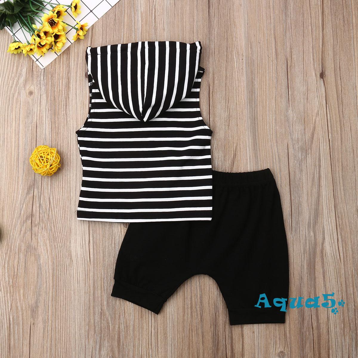 Set Áo Hoodie Không Tay Kèm Quần Short Kẻ Sọc Dễ Thương Cho Bé Trai