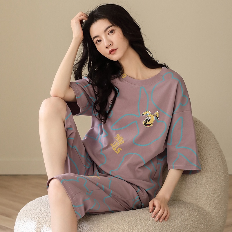 Bộ Đồ Ngủ Vải Cotton Tay Ngắn Dáng Rộng Thoải Mái Cho Nữ