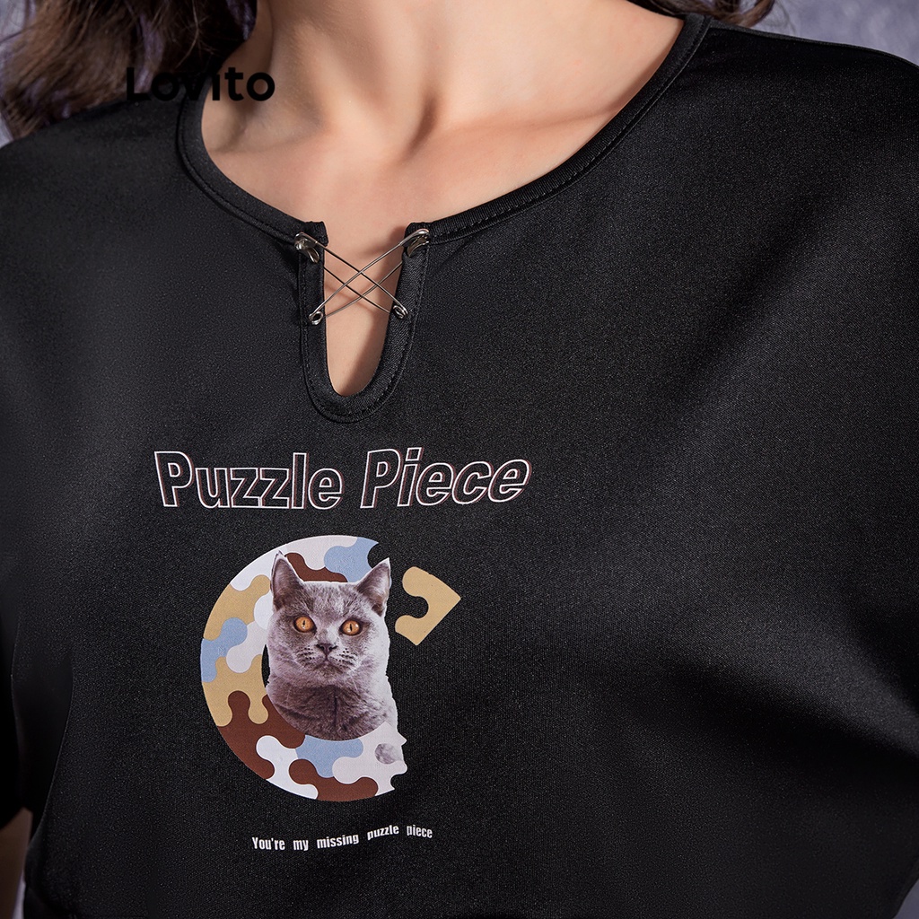 Lovito STAR GIRL Preppy Animal Pyrograph Pin Keyhole Đường viền cổ áo nữ Áo phông L32AE040 (Đen)