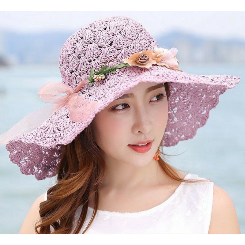 Nón đi biển mũ cói rộng vành nữ Panama gấp gọn thời trang Hàn Quốc