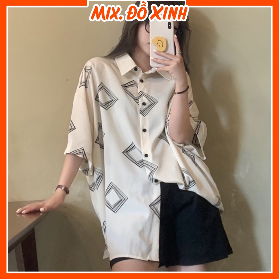 Áo sơ mi nữ form rộng tay lỡ, sơ mi kiểu nữ Mix. Đồ Xinh, chất liệu Đũi trơn mịn mát in hình Ô Vuông Đen Trắng