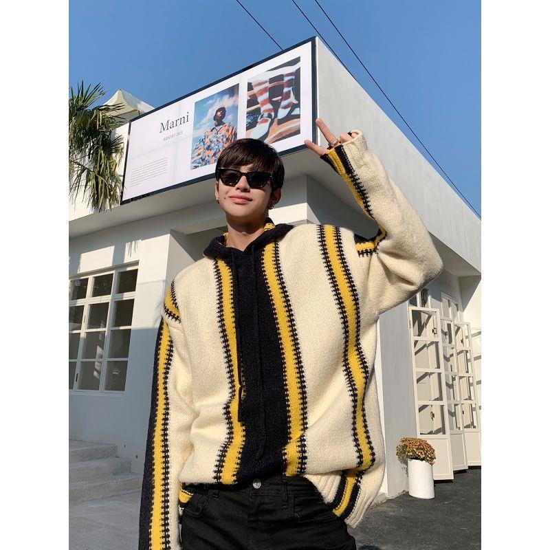 Niche Áo Sweater Cao Cấp Có Mũ Trùm Đầu Kẻ Sọc Màu Sắc vintage Mùa Thu Sang Trọng Cho Cặp Đôi