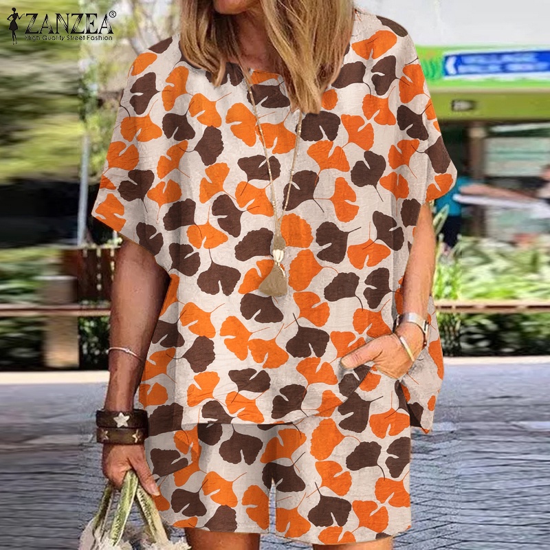 Bộ đồ nữ ZANZEA gồm áo tay cánh dơi và quần eo thun họa tiết in vintage thời trang