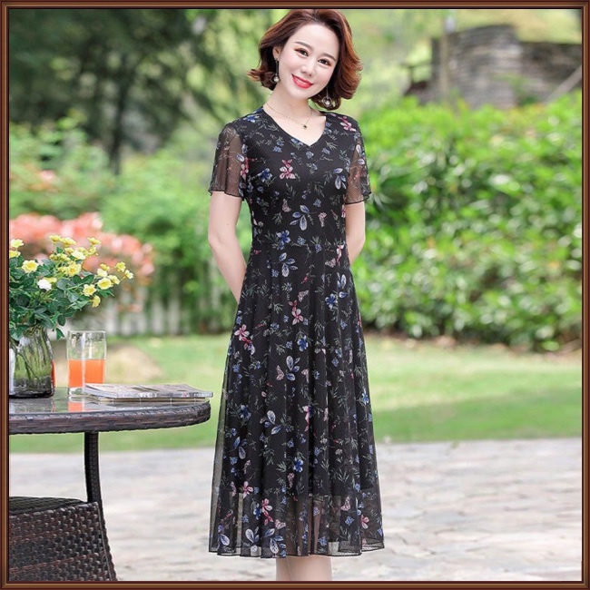 Đầm Tay Ngắn Cổ Chữ V In Họa Tiết Hoa Thời Trang Cho Nữ