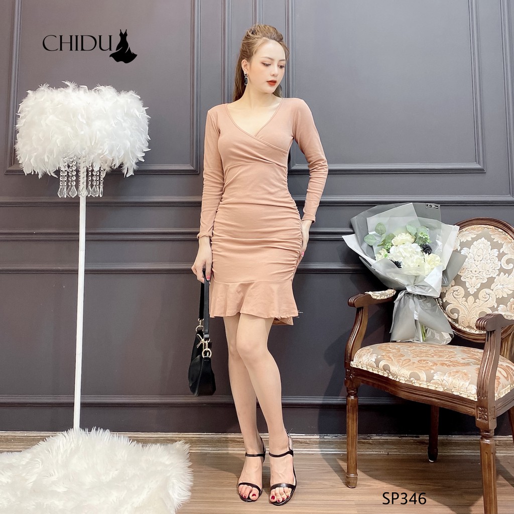 CHIDU Đầm body cổ tim dài tay, đầm body công sở đuôi cá -SP346