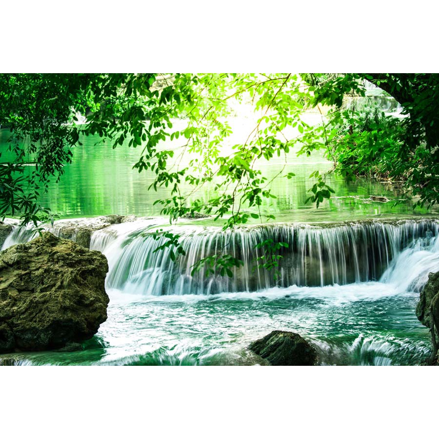 Tranh 3d thác nước chảy trong lành cảnh quan đẹp nên thơ, trong lành với thảm cỏ, rừng núi xanh ngắt, mây trắng bồng bền